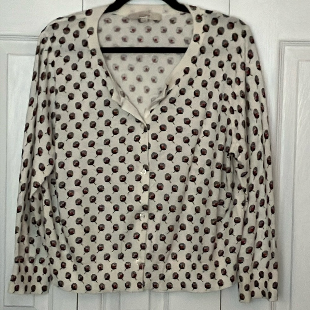 White Button-Up Shirt with Red and Black Pattern